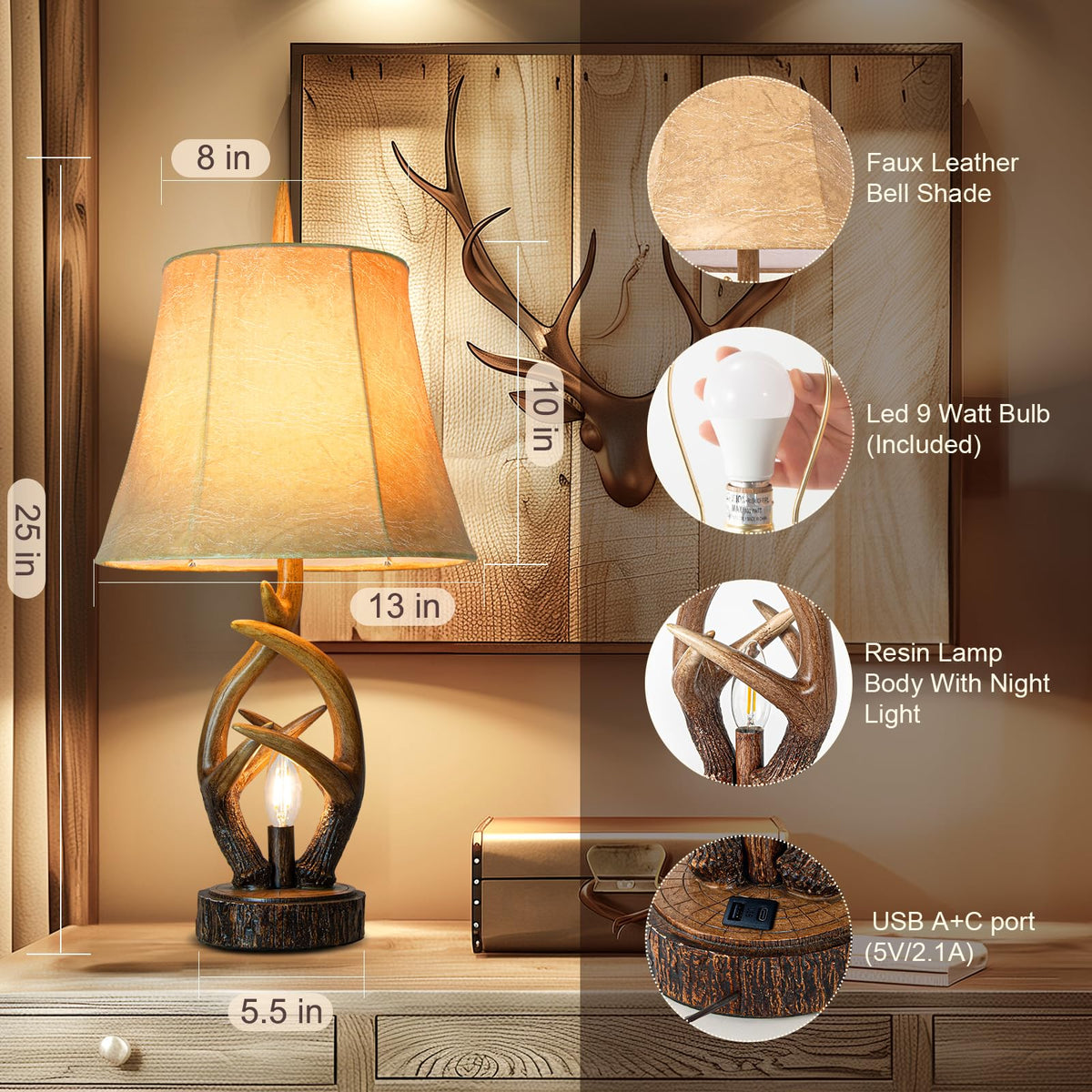 Scenekoy Deer Antler Table Lamp Set of 2 with Nightlight for Living Room