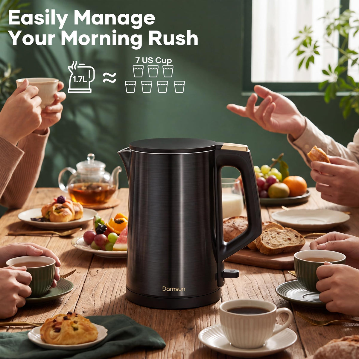 Damsun 1.7L Stainless Steel Electric Kettle, 1500W Rapid Boil, Black