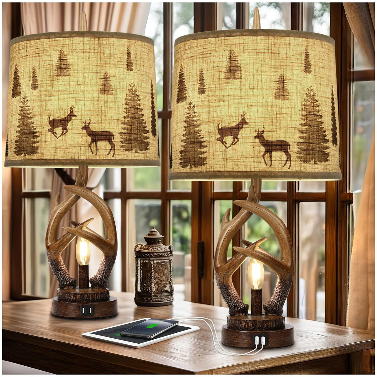 Scenekoy Deer Antler Table Lamp Set of 2 with Nightlight for Living Room
