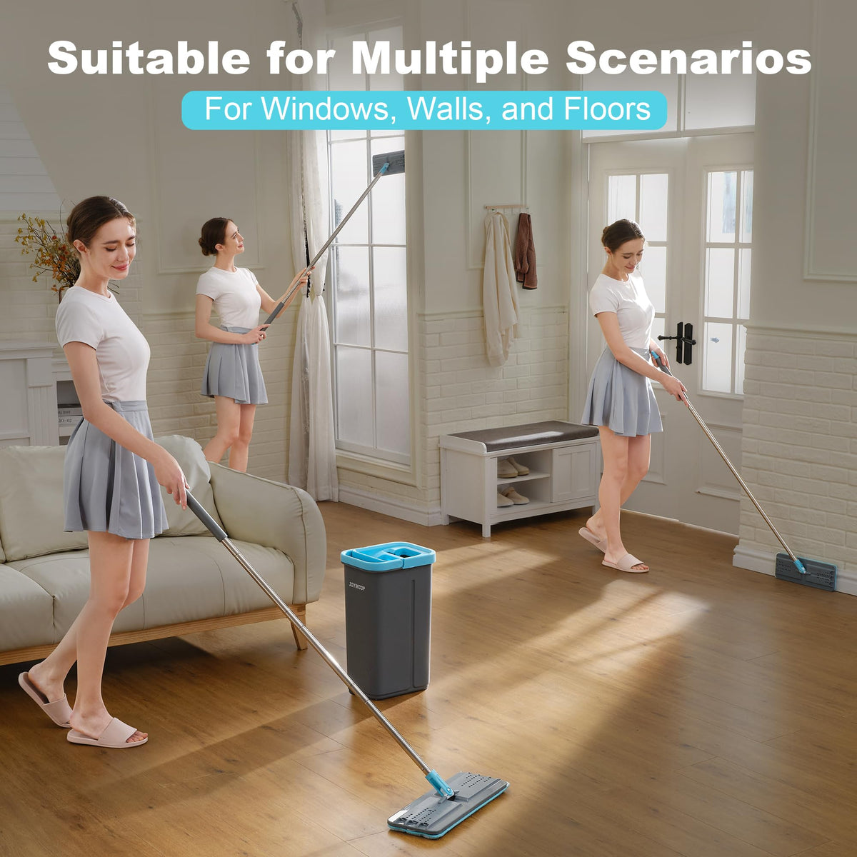 JOYMOOP Flat Mop System, Microfiber Mop and Bucket Set, White, Commercial & Household Use, Hardwood Floor & Wall Cleaning Mop with Long Handle, 4 Microfiber Pads
