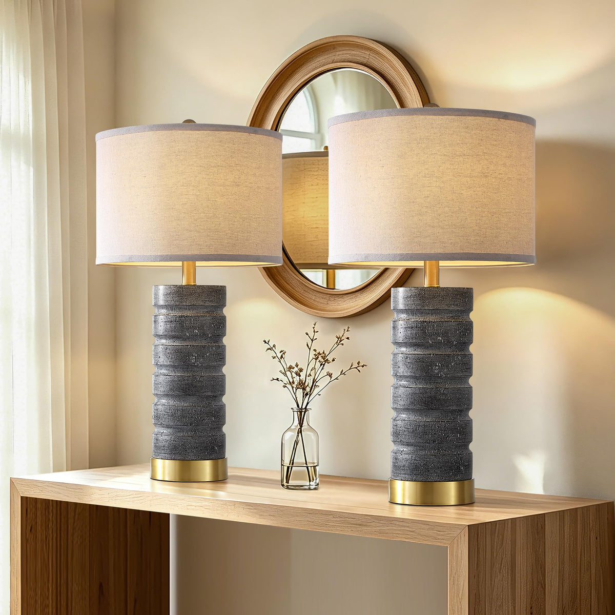 AIEAMPDO 26" Set of 2 Travertine Resin Table Lamps for Bedroom, Brass Base
