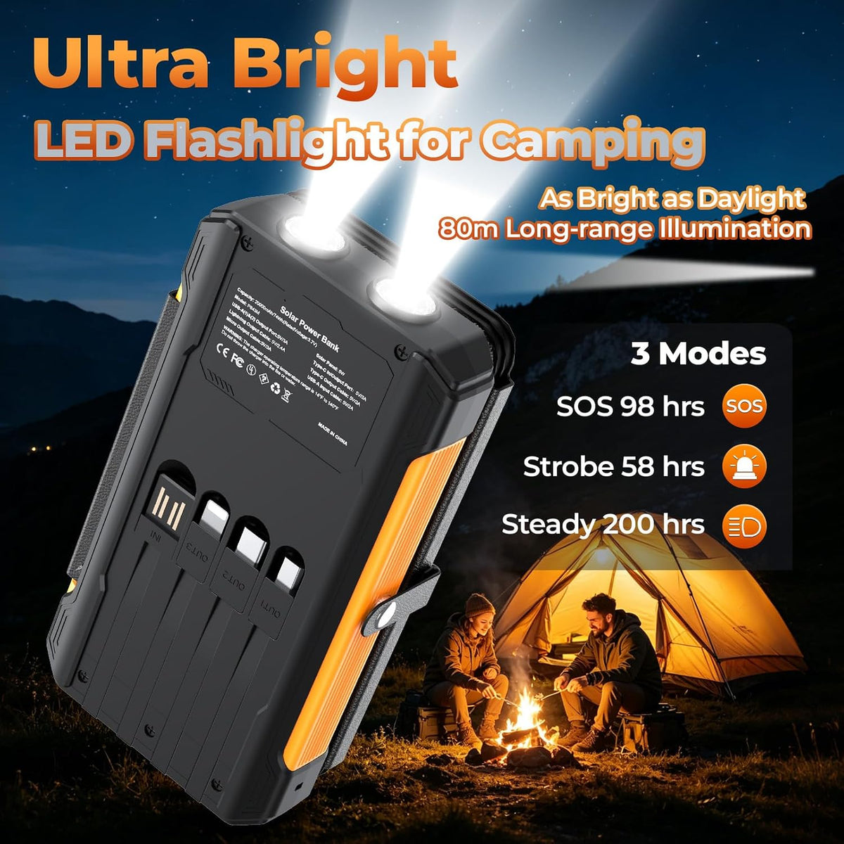 Solar Charger Power Bank 20000mAh Portable Charger Built-in 4 Cables(Micro/USB-C/Ios Output Cable,USB-A Input Cable) & 4 Solar Panels, 15W Fast Charging Battery Pack with Flashlight for Camping Travel