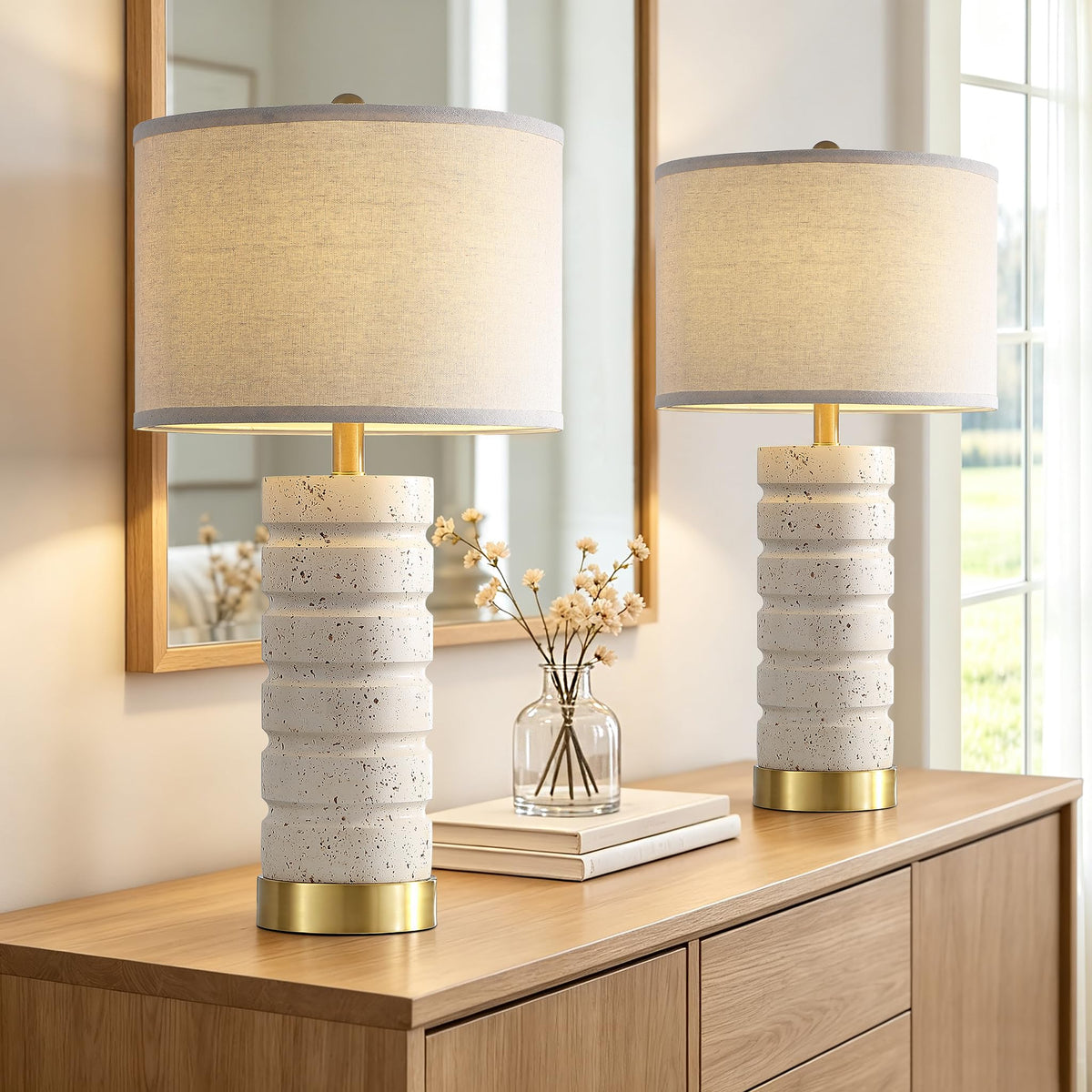 AIEAMPDO 26" Set of 2 Travertine Resin Table Lamps for Bedroom, Brass Base