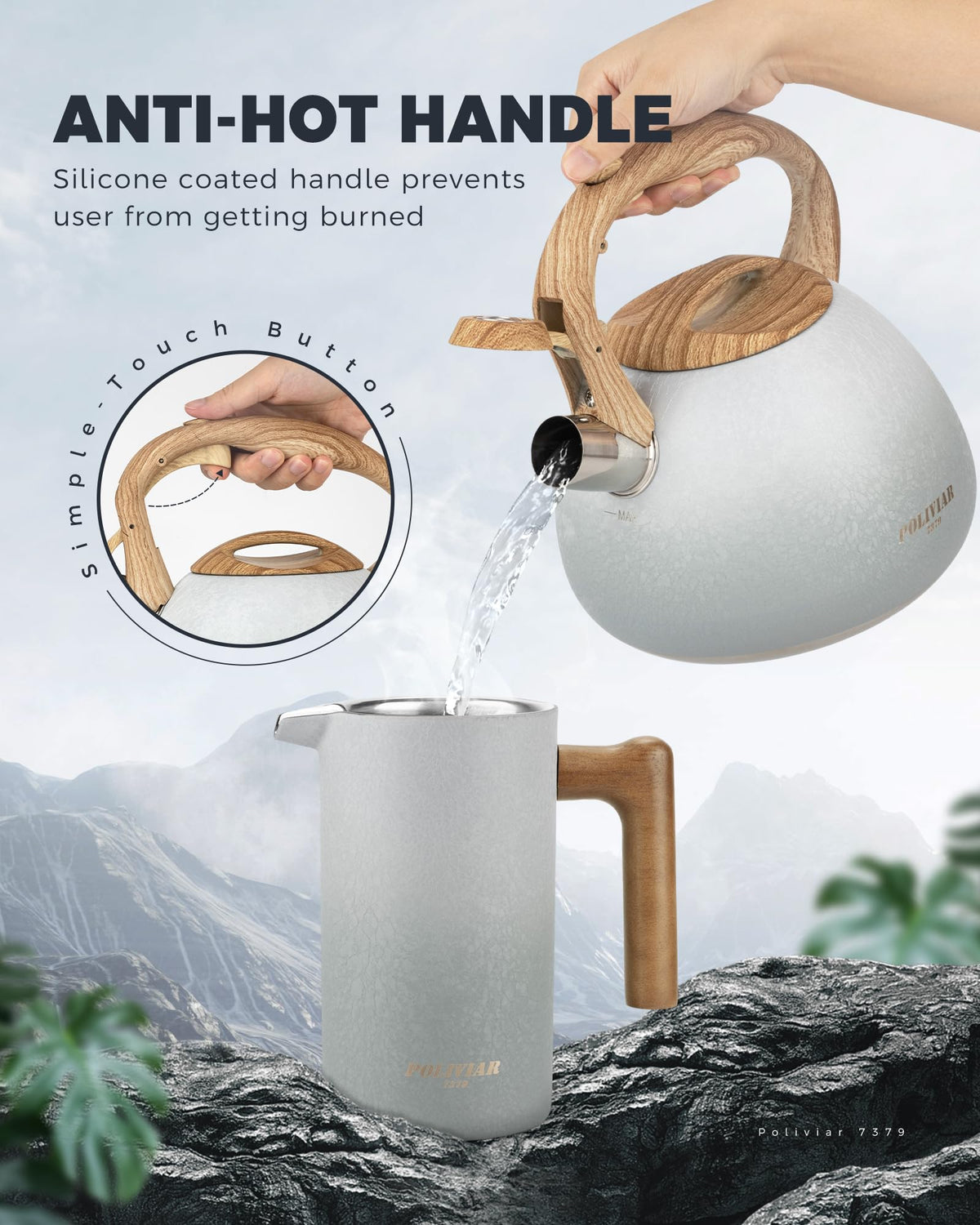 POLIVIAR Tea Kettle, 2.7 Quart Natural Stone Finish with Wood Pattern Handle Loud Whistle Food Grade Stainless Steel Teapot, Anti-Hot Handle and Anti-Rust, Suitable for All Heat Sources (JX2018-GR20)