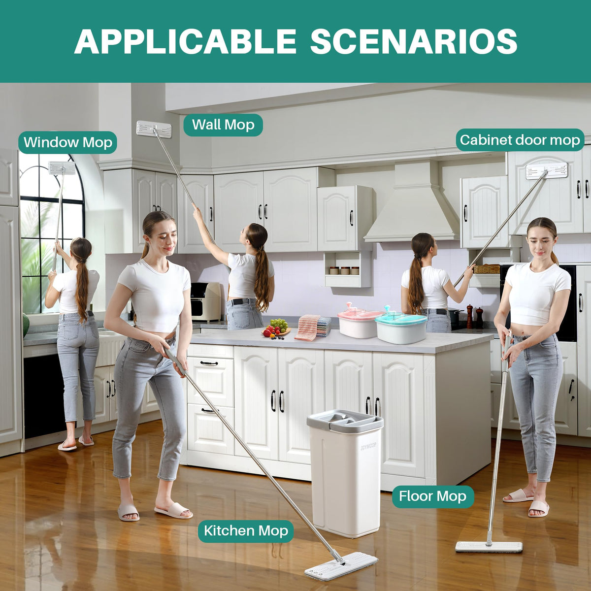 JOYMOOP Flat Mop System, Microfiber Mop and Bucket Set, White, Commercial & Household Use, Hardwood Floor & Wall Cleaning Mop with Long Handle, 4 Microfiber Pads