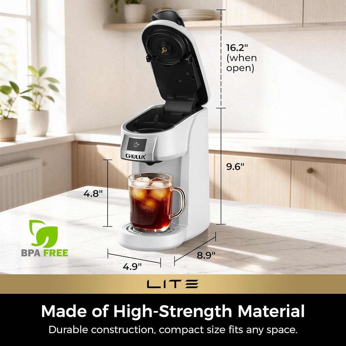 CHULUX Lite Single Serve Coffee Maker for K Cup with One Touch Brew, White