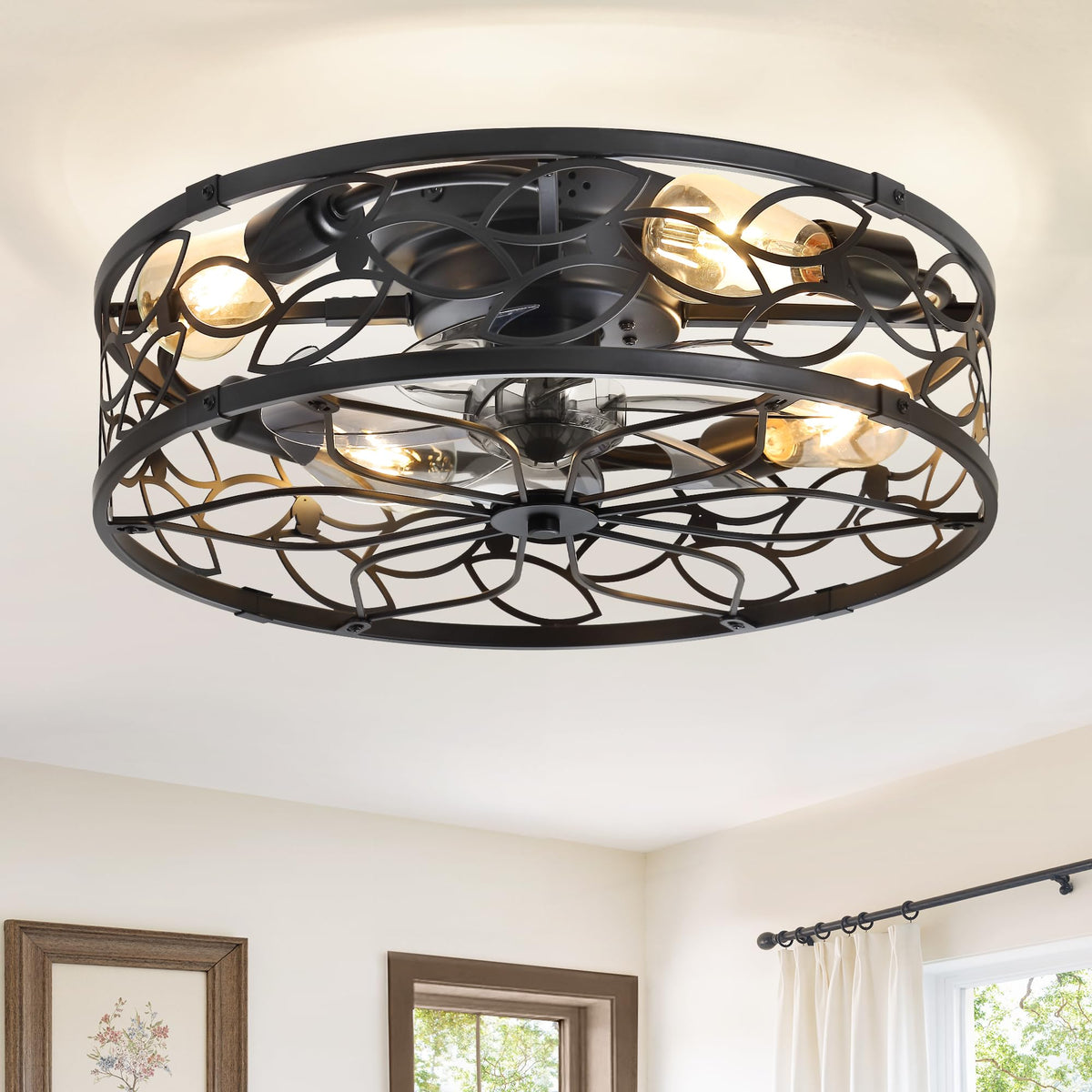 LEDIARY Caged Ceiling Fan with Light, Flush Mount Fandalier with Remote