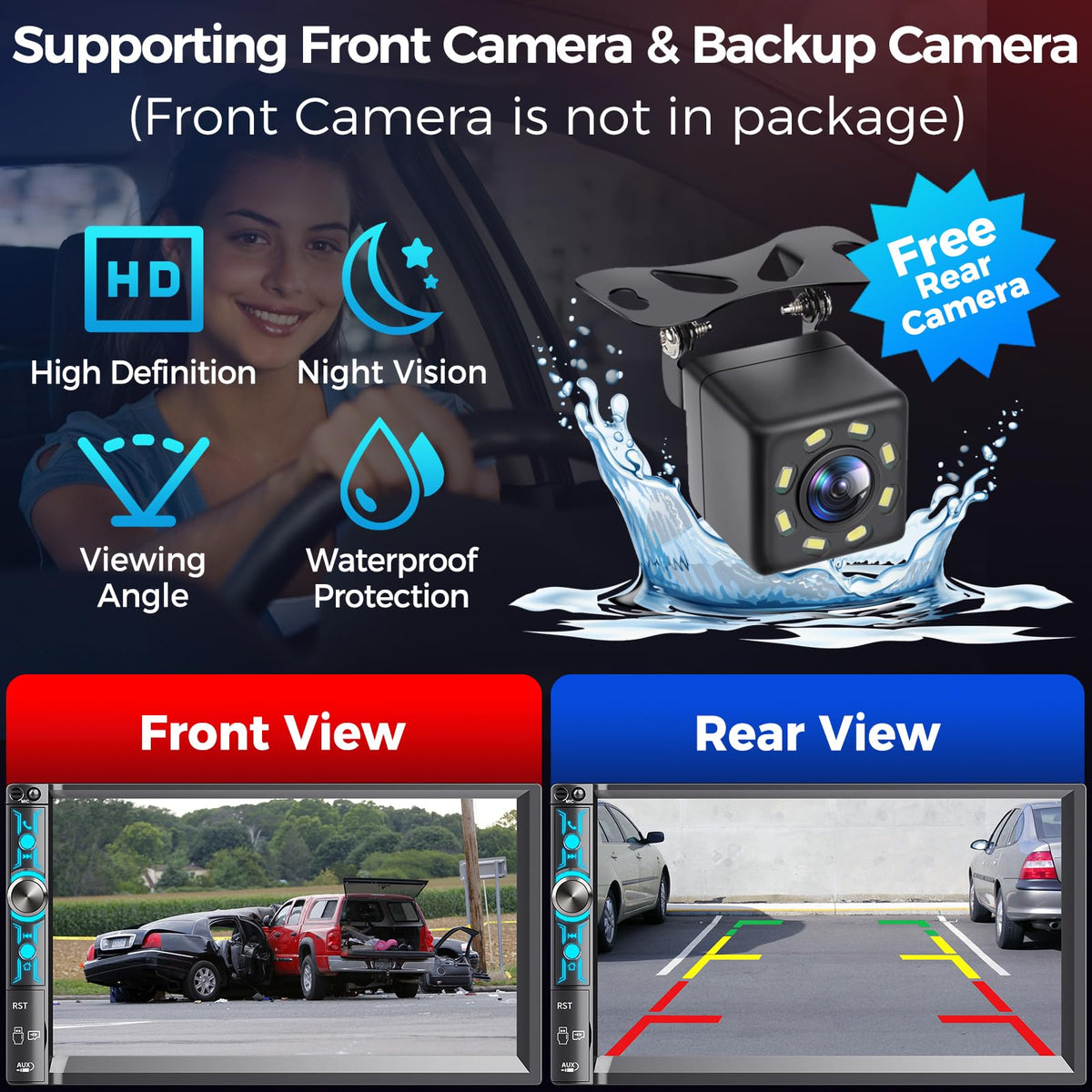 Double Din Car Stereo with 7" HD Touchscreen, Wireless Apple Carplay & Android Auto, Bluetooth, 240W, SWC, Subwoofer Output, Mirror Link, FM/AM Car Radio Receiver, Backup Camera