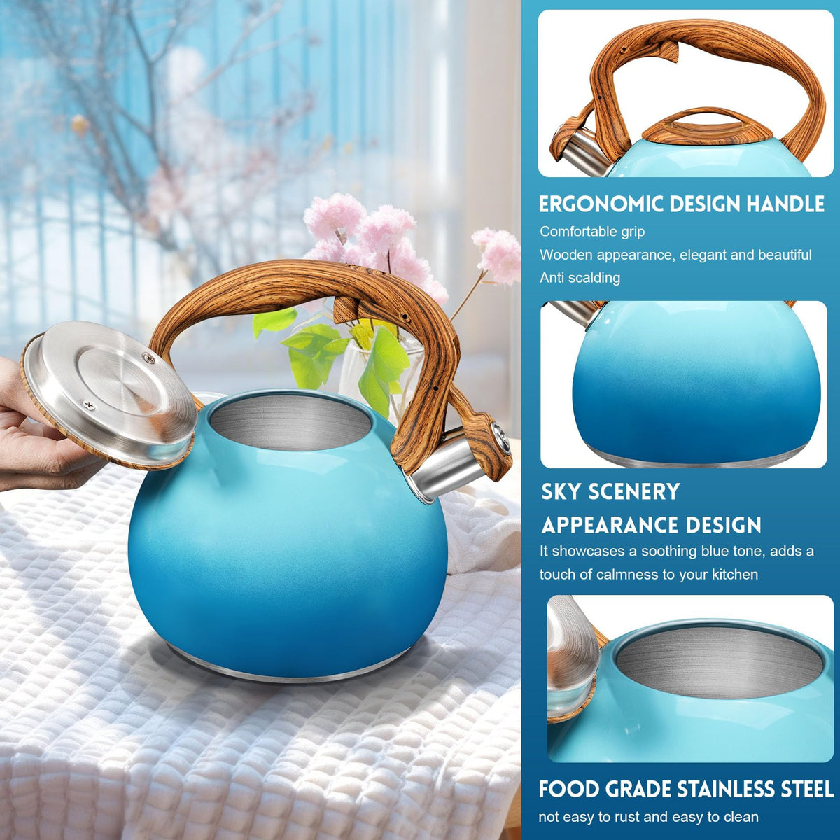 GGC Whistling Tea Kettle for Stove Top, 3.2QT/3L Stainless Steel Tea Kettle