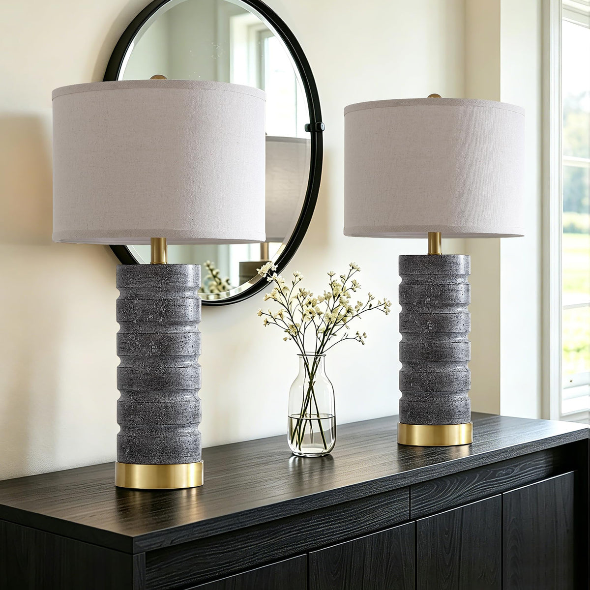 AIEAMPDO 26" Set of 2 Travertine Resin Table Lamps for Bedroom, Brass Base