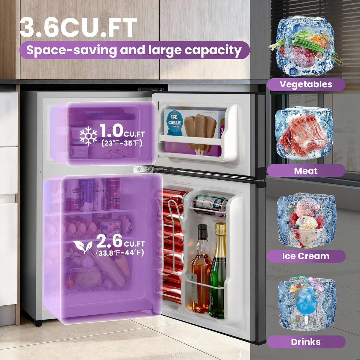 3.6 Cu.Ft Mini Fridge with Freezer for Dorm Office, Silver