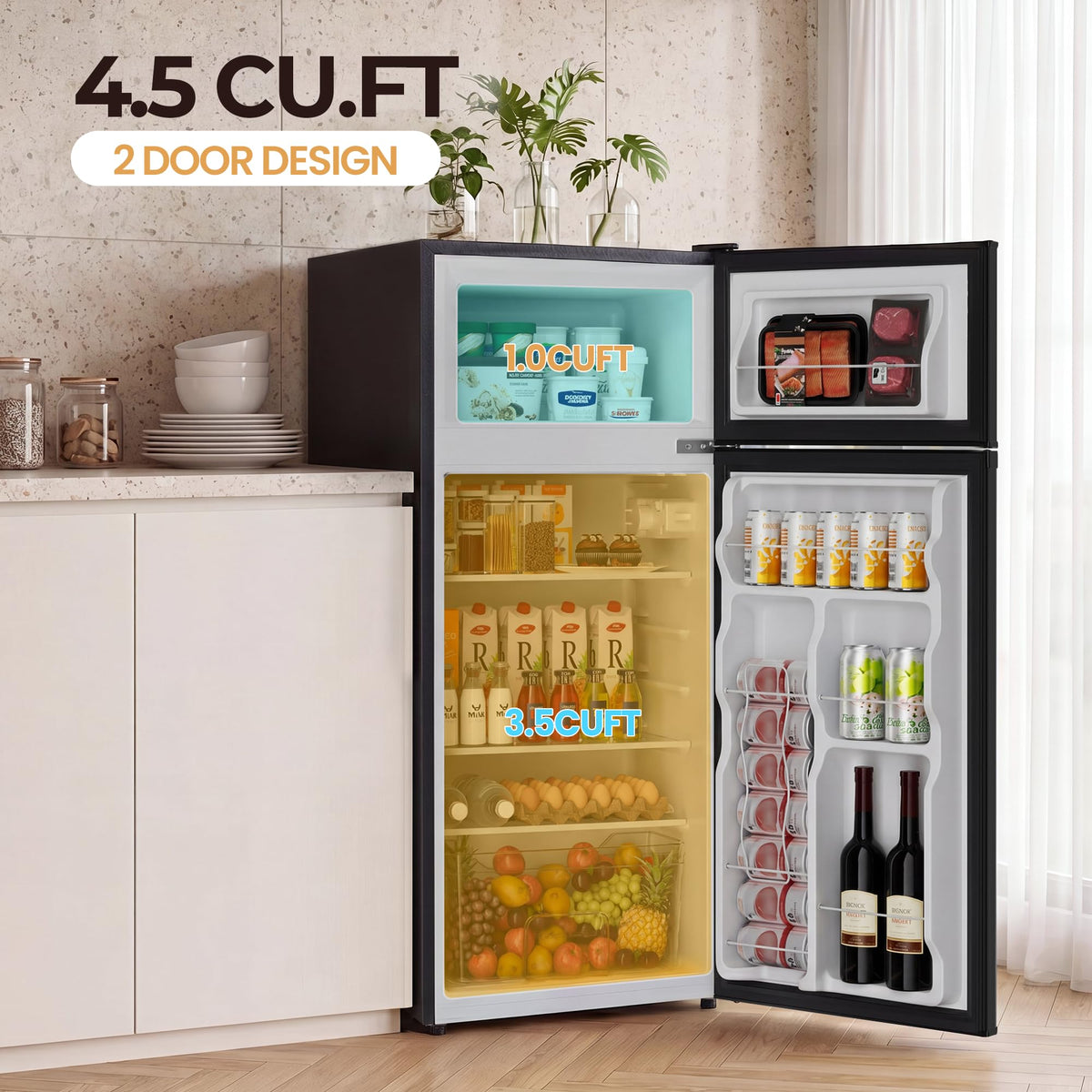 4.5 Cu.Ft Mini Fridge Freezer for Dorm/Office, 2-Door, Quiet