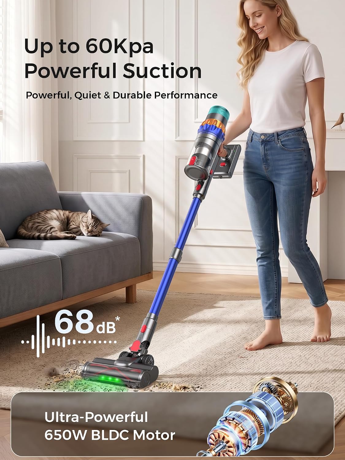 Smart Cordless Vacuum Cleaner, 650W 60KPa 75Min Vacuum Cleaner for Home