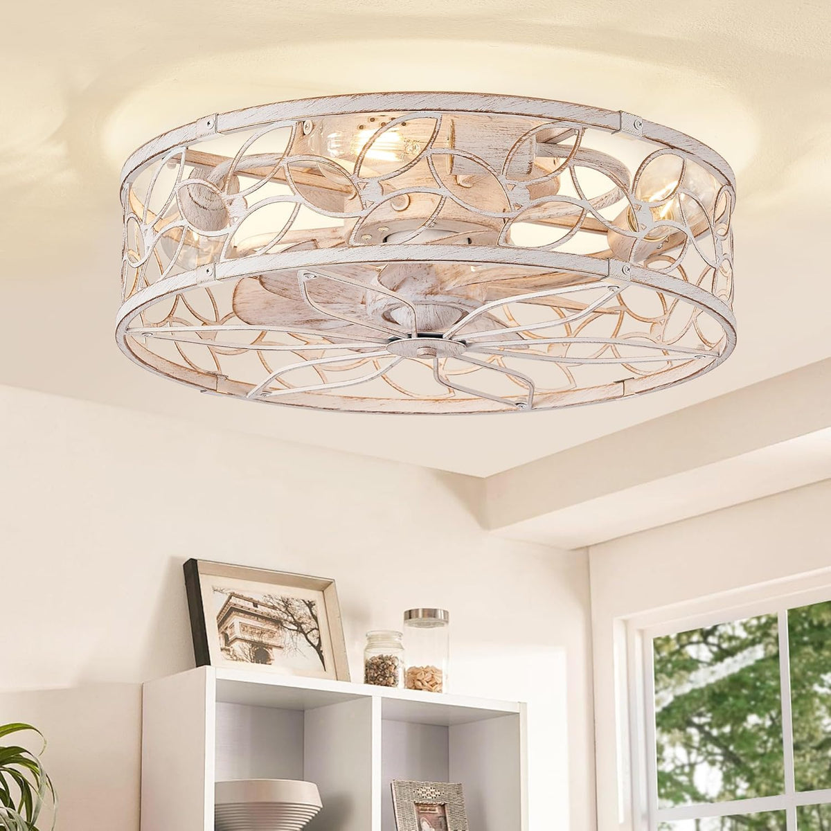 LEDIARY Caged Ceiling Fan with Light, Flush Mount Fandalier with Remote