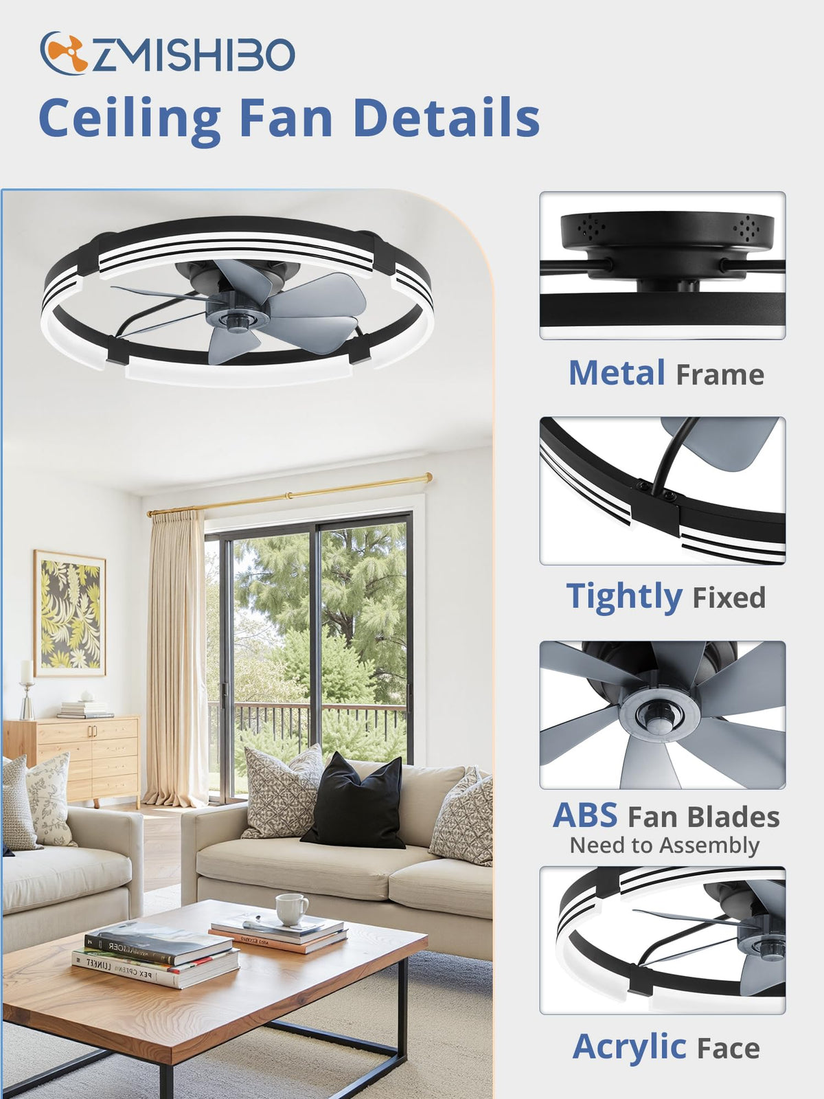 ZMISHIBO Low Profile Ceiling Fans with Lights and Remote, 20" Black