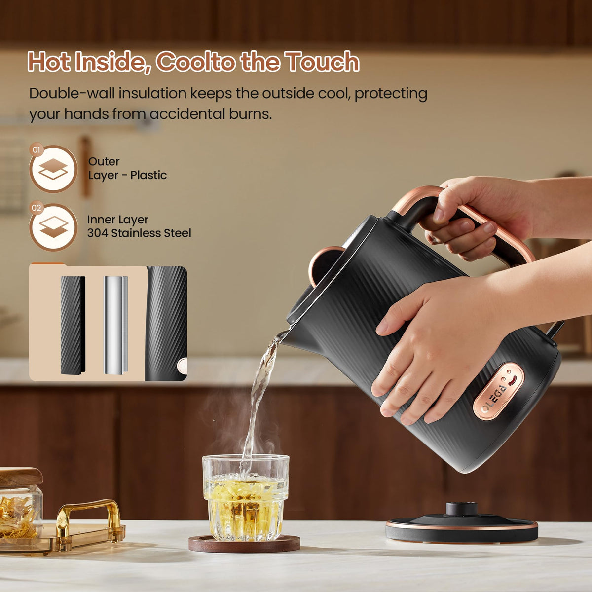 OLEGA Electric Kettle: 1200W Fast Boil Electric Water Kettles, 1.5L Double Wall Stainless Steel Tea Kettle, Auto Shut-Off, BPA-Free Hot Water Boiler Teapot for Coffee & Tea -Ligth Green