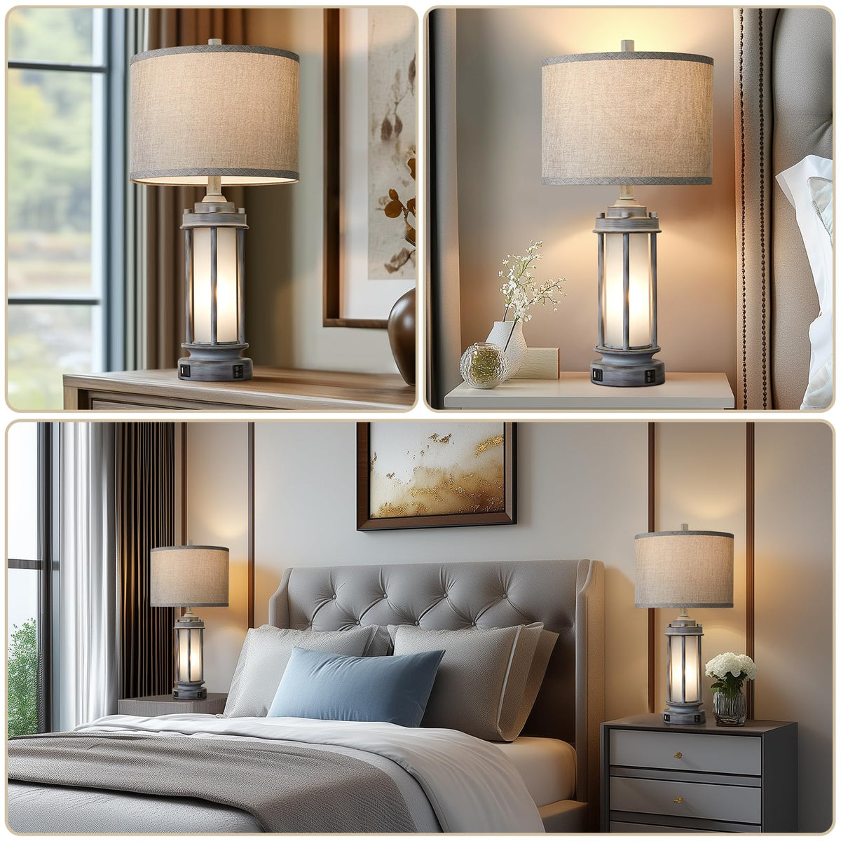 AIEAMPDO 25'' Set of 2 Farmhouse Table Lamps for Living Room with USB C+A