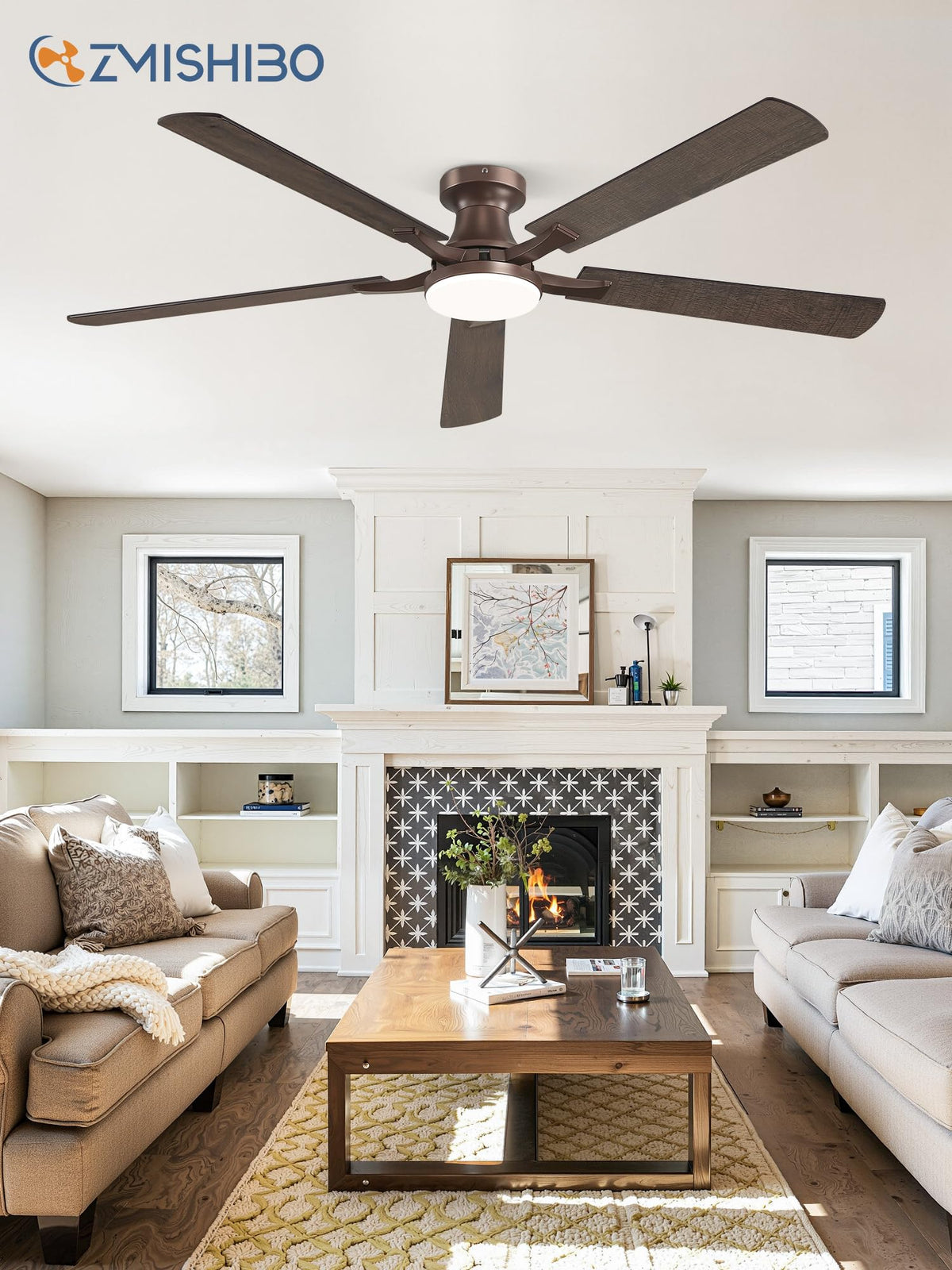 ZMISHIBO 52 Inch Ceiling Fans with Lights, Remote&App Control, Flush Mount