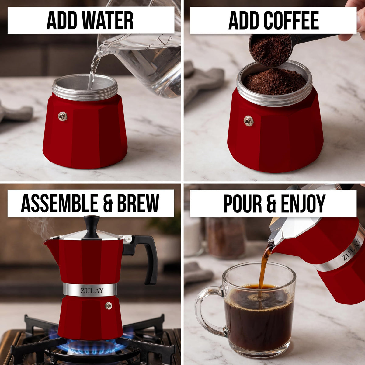 Zulay Moka Pot Espresso Stovetop Coffee Maker - Leak-Proof, Stainless Steel, Easy to Clean, Heat Resistant Handle & Knob - for Authentic Cuban & Italian Style Espresso - Makes 6 Espresso Cups - Red