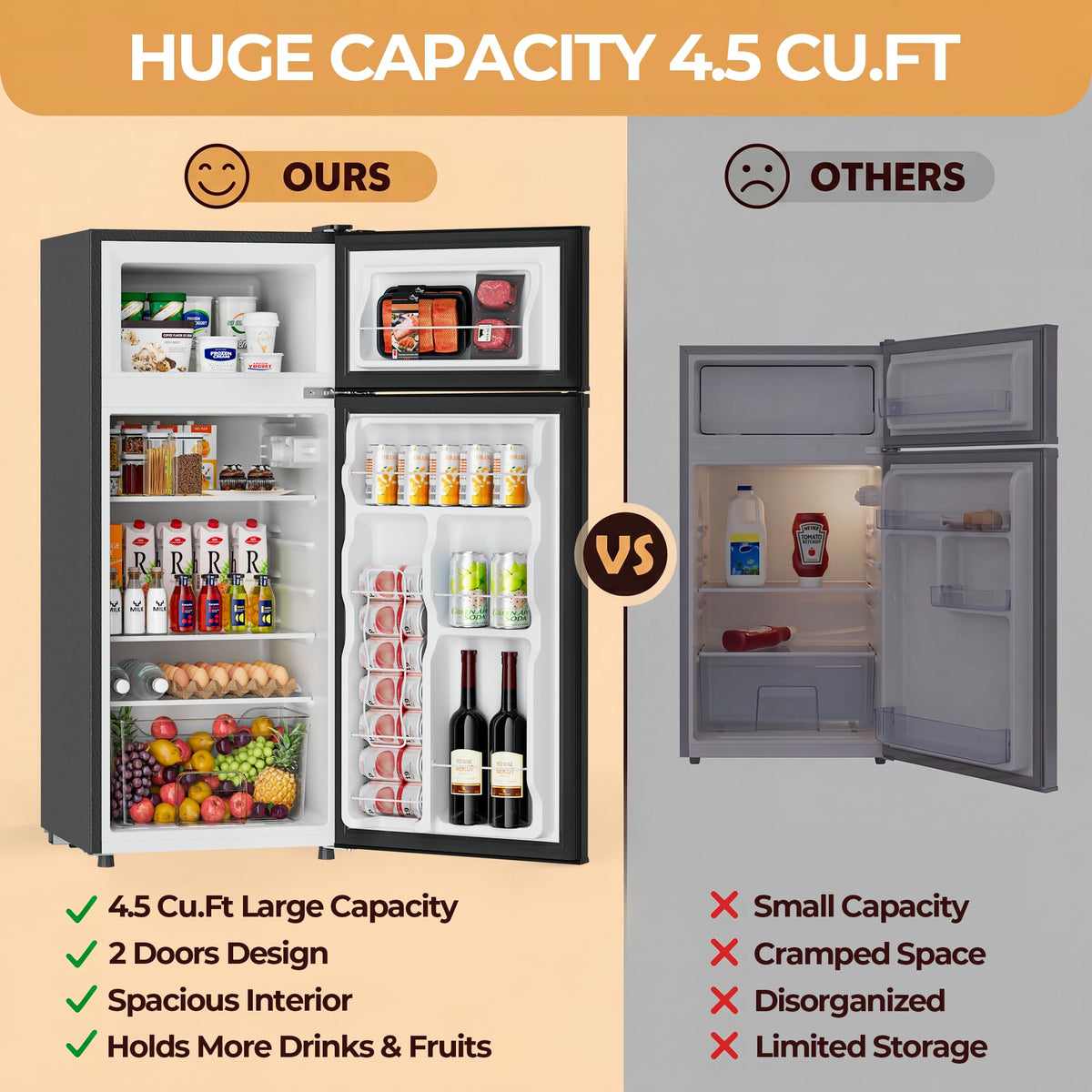 4.5 Cu.Ft Mini Fridge Freezer for Dorm/Office, 2-Door, Quiet