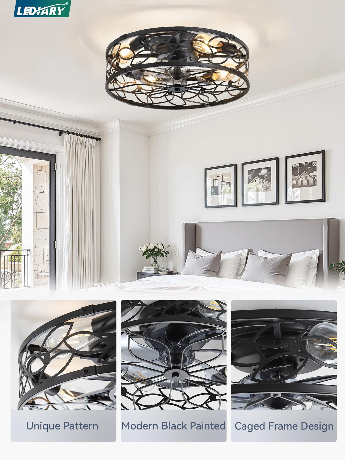 LEDIARY Caged Ceiling Fan with Light, Flush Mount Fandalier with Remote