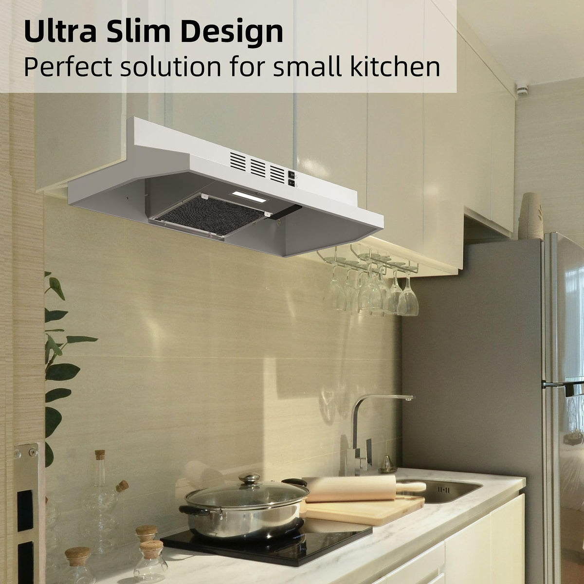 SNDOAS 30 inch Range Hood Ducted/Ductless Convertible Stainless Steel Range Hood Under Cabinet with Rocker Button Control,Vent Hood with LED Light,2 Speed Exhaust Fan,Under Cabinet Hood,Silver