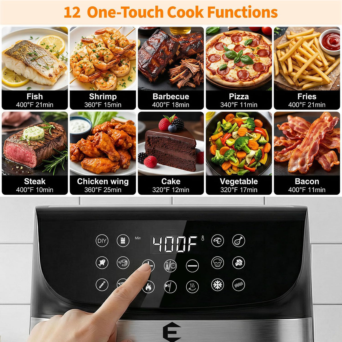 9.5Qt Large Air Fryer Oven, 12 Digital Preset Airfryer Toaster Oven Combo with Touchscreen, Non Toxic Stainless Steel Air Fryer with Viewing Window, XL Capacity Basket Style Airfryer for Family, Black