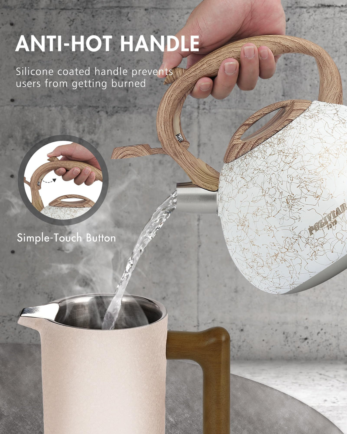POLIVIAR Tea Kettle, 2.7 Quart Natural Stone Finish with Wood Pattern Handle Loud Whistle Food Grade Stainless Steel Teapot, Anti-Hot Handle and Anti-Rust, Suitable for All Heat Sources (JX2018-GR20)