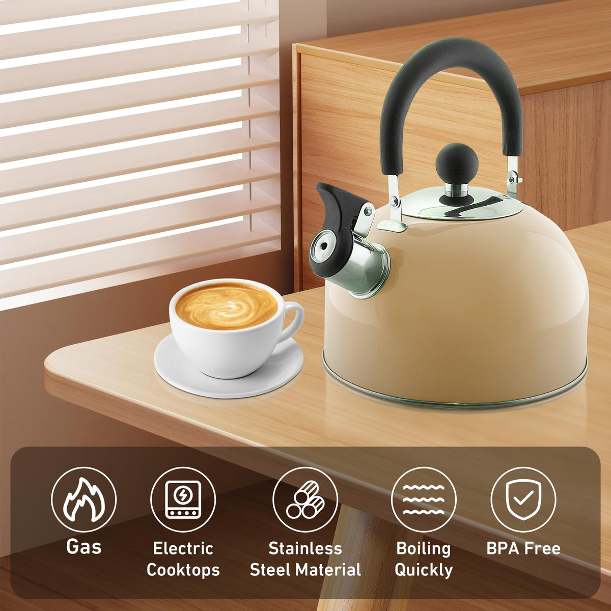 Lily's Home 2 Quart Stainless Steel Whistling Tea Kettle, the Perfect Stovetop Tea and Water Boilers for Your Home, Dorm, Condo or Apartment. (Blue)