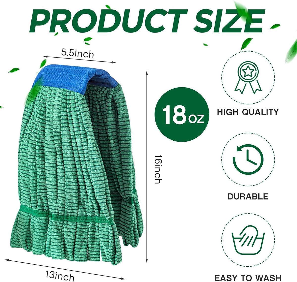 Hushee 12 Pcs Large Microfiber Tube Mop Heads 18 Oz Looped End,Green
