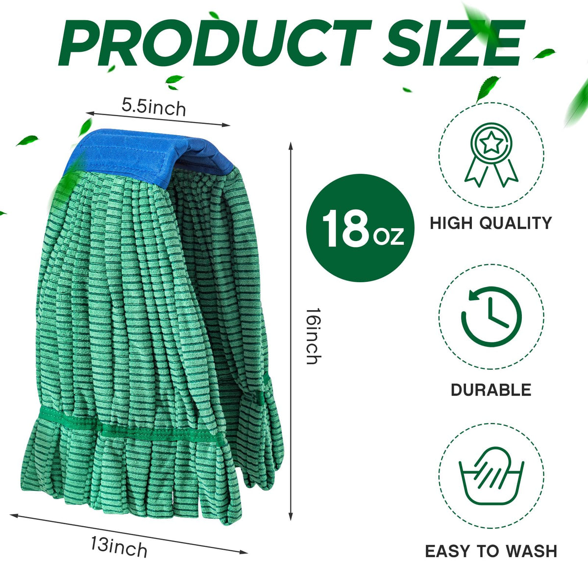Hushee 12 Pcs Large Microfiber Tube Mop Heads 18 Oz Looped End,Green