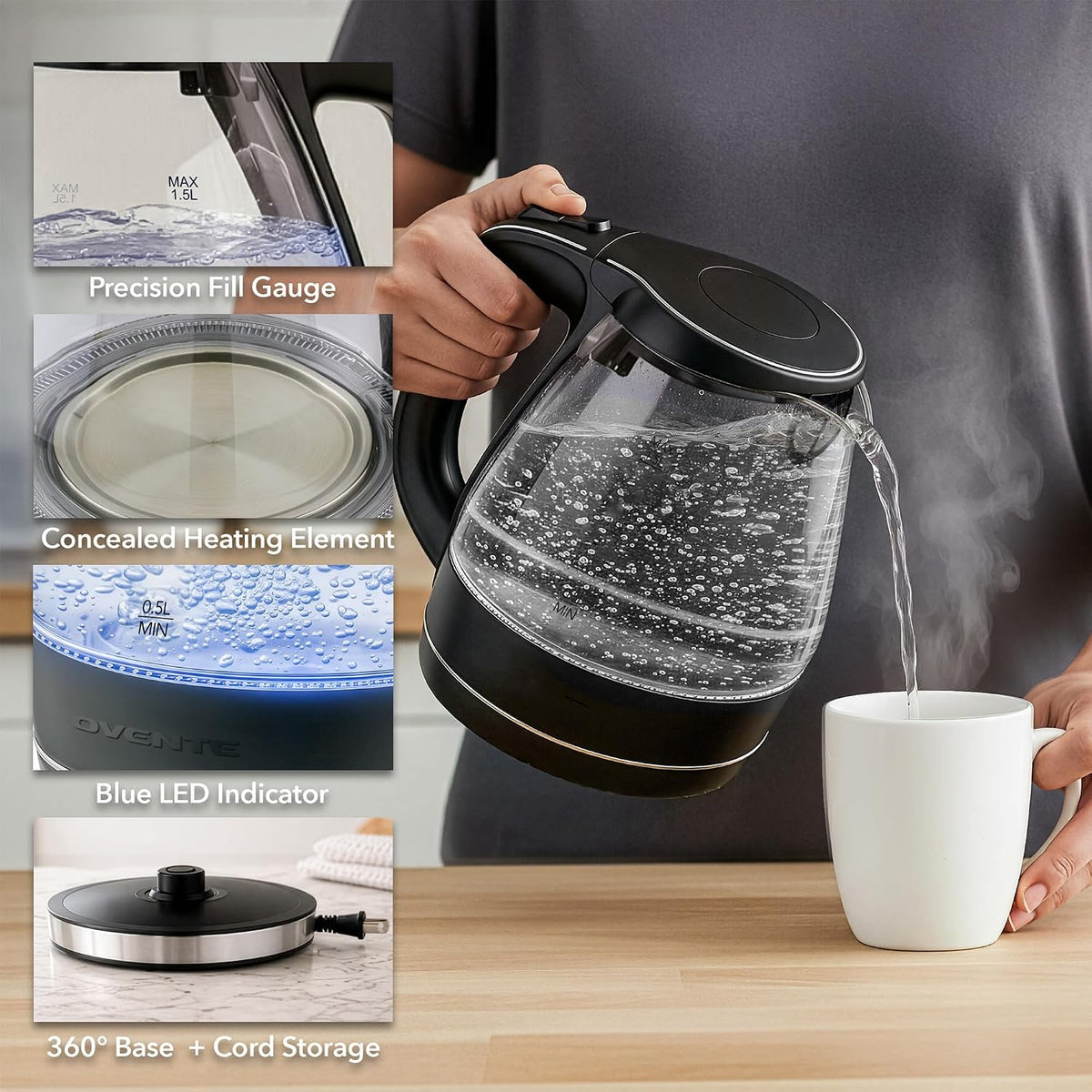 OVENTE 1.5L Glass Electric Kettle Water Boiler, Black KG83B