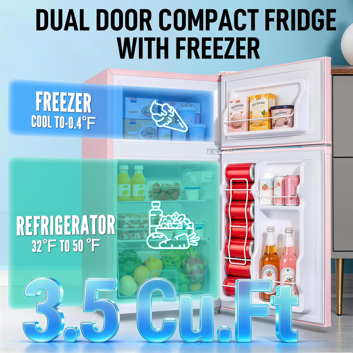 Mini Fridge with Freezer, 3.5 cubic feet 2- Doors Small Refrigerator Features 7 Gear Mechanical Control, Side Bottle Rack, Ideal for Dorm, Kitchen, Apartment, Office, Silver