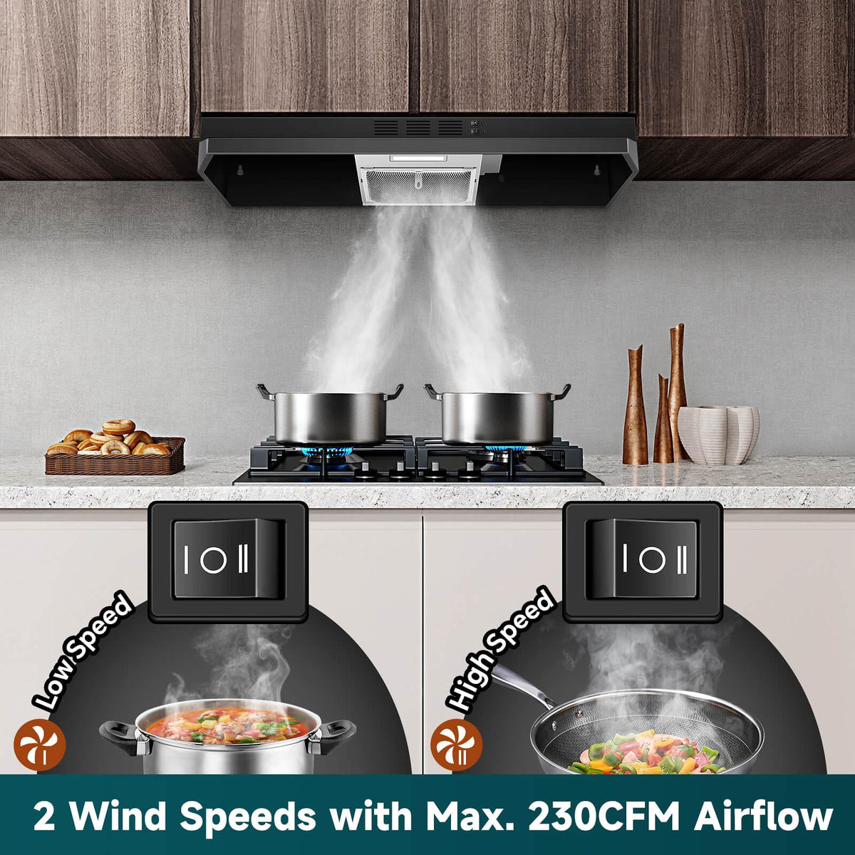 SNDOAS 30 inch Range Hood Ducted/Ductless Convertible Stainless Steel Range Hood Under Cabinet with Rocker Button Control,Vent Hood with LED Light,2 Speed Exhaust Fan,Under Cabinet Hood,Silver