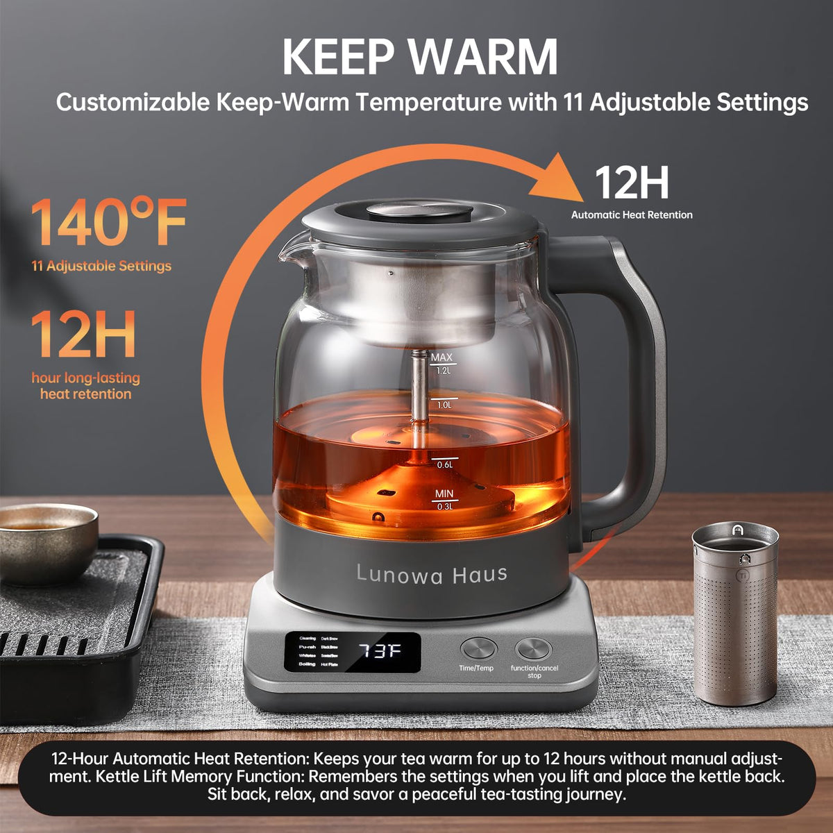 120V Titanium & Glass Electric Tea Kettle, Pro Steam Extraction for All Teas (Green, Black, Oolong), 11 Temp & 10 Strength Levels, 1.2L, 12H Keep Warm, BPA-Free, 2 Infusers