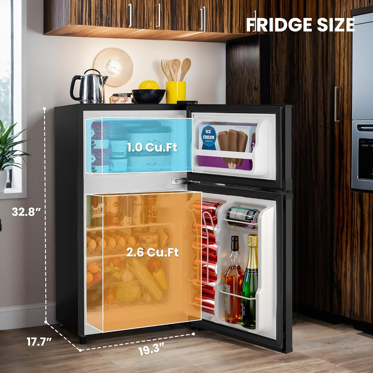 3.6 Cu.Ft Refrigerator with Freezer for Kitchen Office, Black