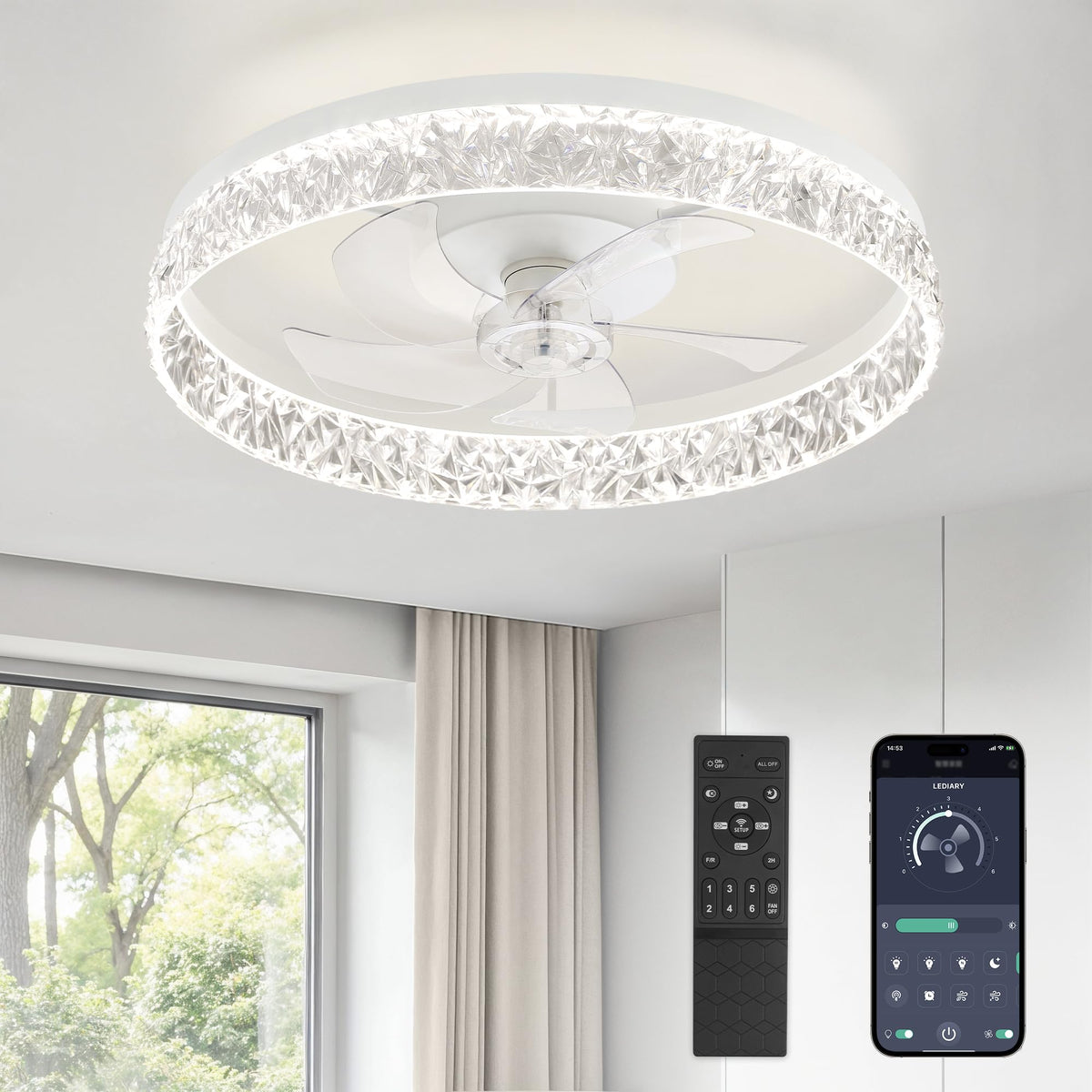 LEDIARY 20" Modern Ceiling Fans with Lights and Remote, White Fandelier