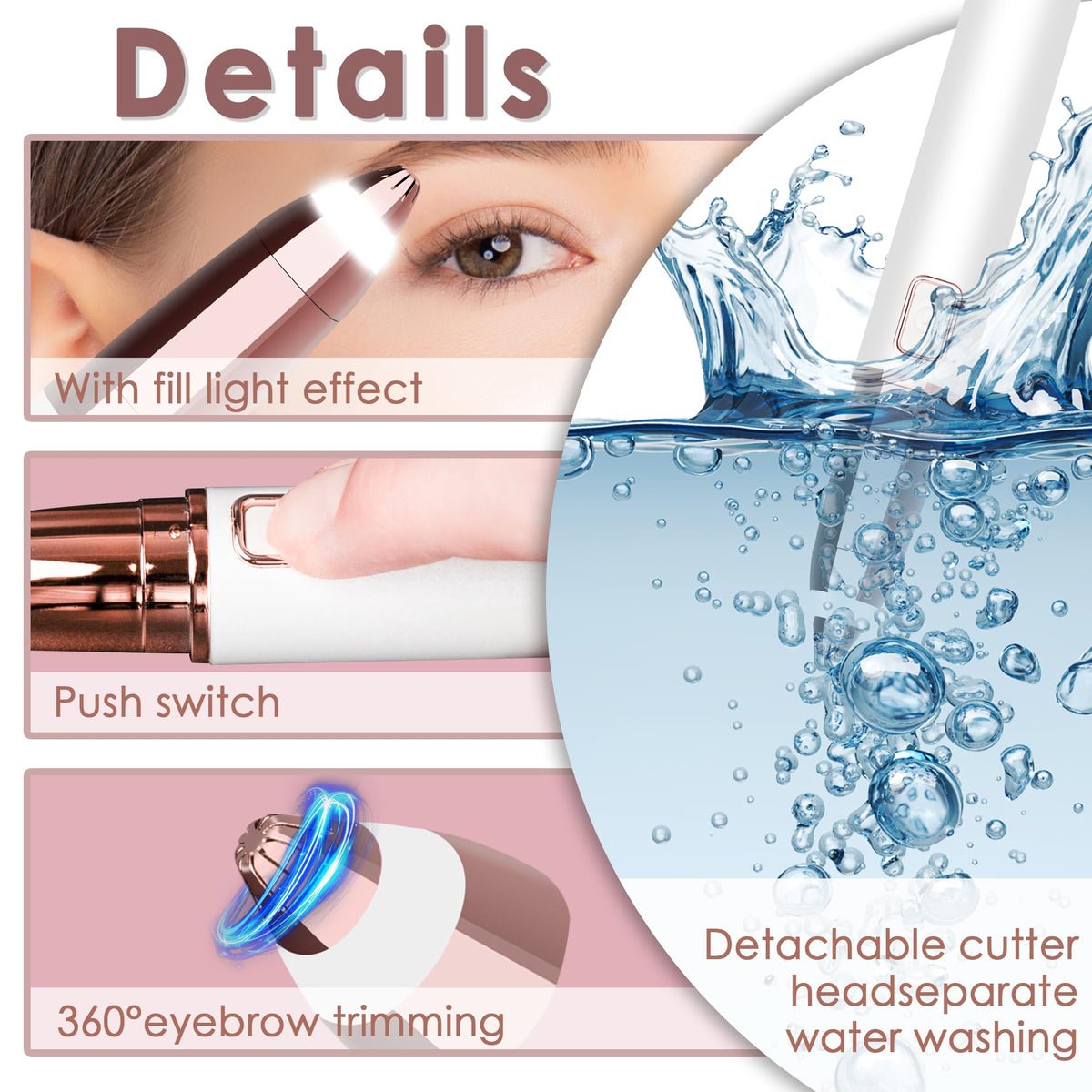 gurelax Eyebrow Hair Remover, Electric Eyebrow Trimmer for Women,Face and Eye Brow Razor with LED Light for Women Rechargeable with 2 x Replacement Heads (White)