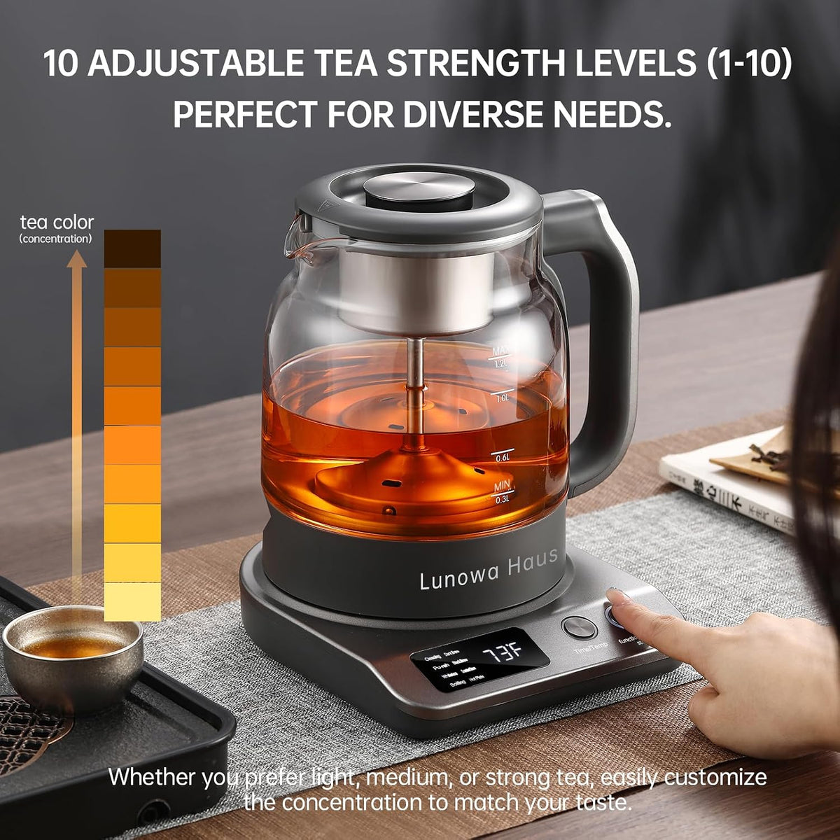 120V Titanium & Glass Electric Tea Kettle, Pro Steam Extraction for All Teas (Green, Black, Oolong), 11 Temp & 10 Strength Levels, 1.2L, 12H Keep Warm, BPA-Free, 2 Infusers
