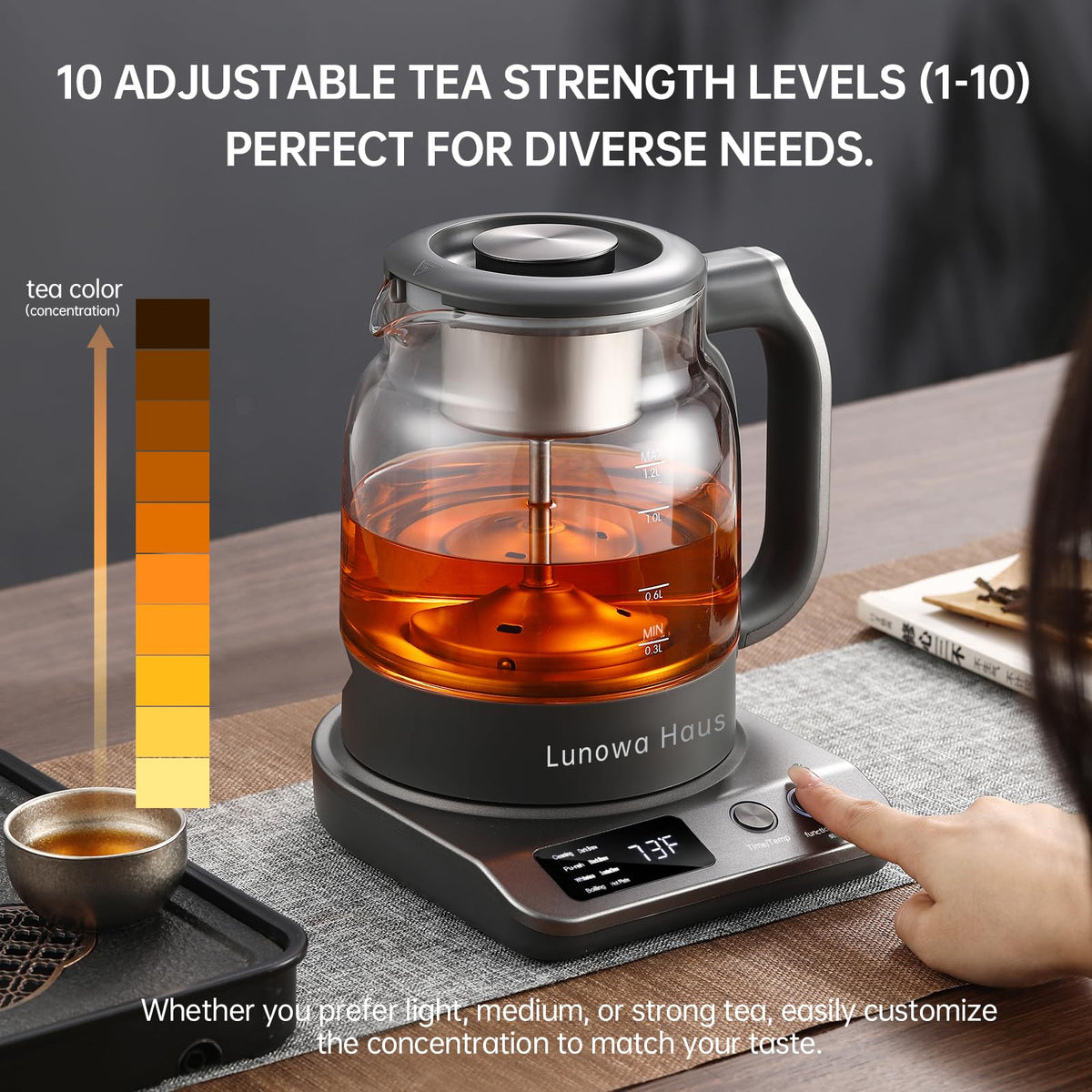 120V Titanium & Glass Electric Tea Kettle, Pro Steam Extraction for All Teas (Green, Black, Oolong), 11 Temp & 10 Strength Levels, 1.2L, 12H Keep Warm, BPA-Free, 2 Infusers