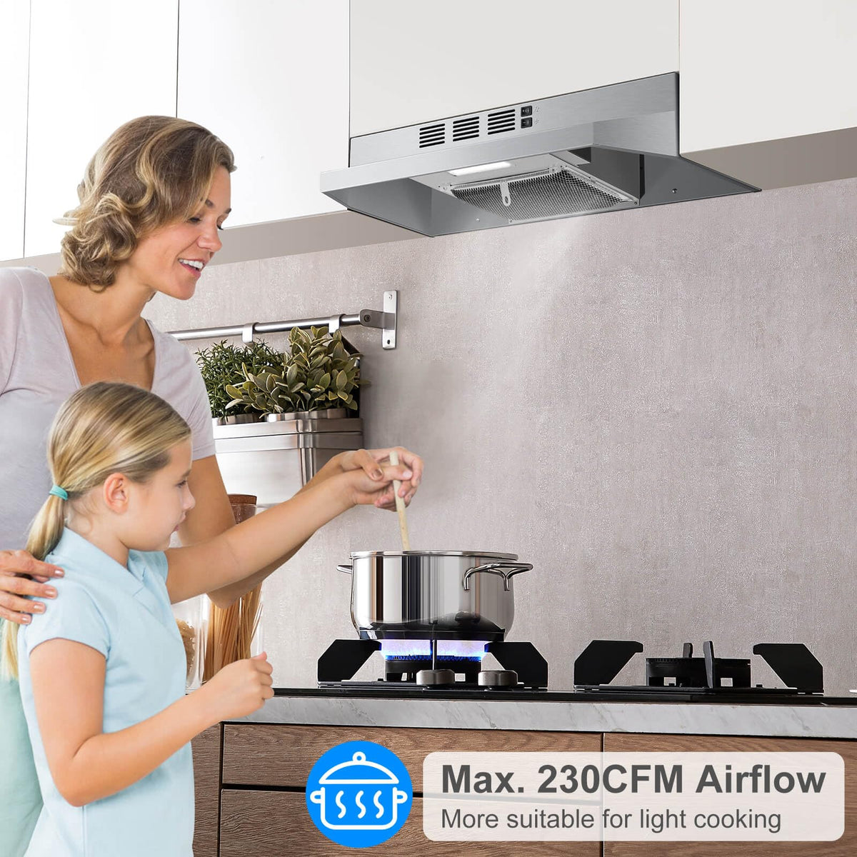 SNDOAS 30 inch Range Hood Ducted/Ductless Convertible Stainless Steel Range Hood Under Cabinet with Rocker Button Control,Vent Hood with LED Light,2 Speed Exhaust Fan,Under Cabinet Hood,Silver