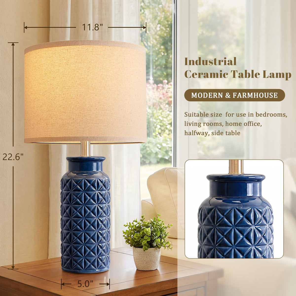 Innqoo 22.6" Modern Ceramic Bedside Lamps Set of 2, Lamps for Bedroom,White