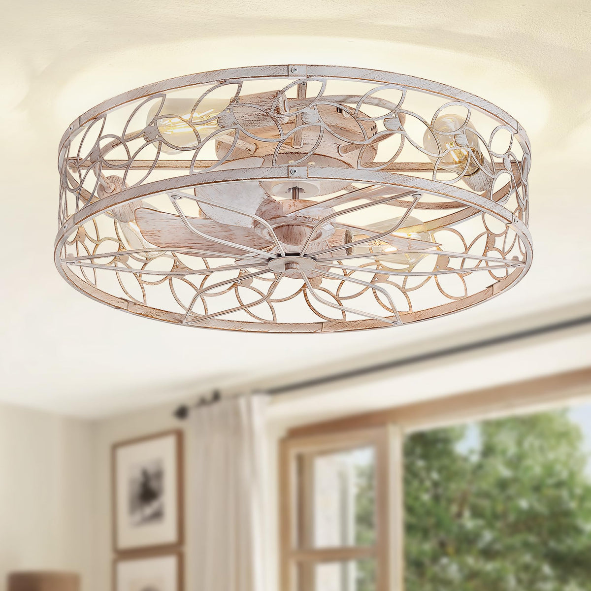 LEDIARY Caged Ceiling Fan with Light, Flush Mount Fandalier with Remote