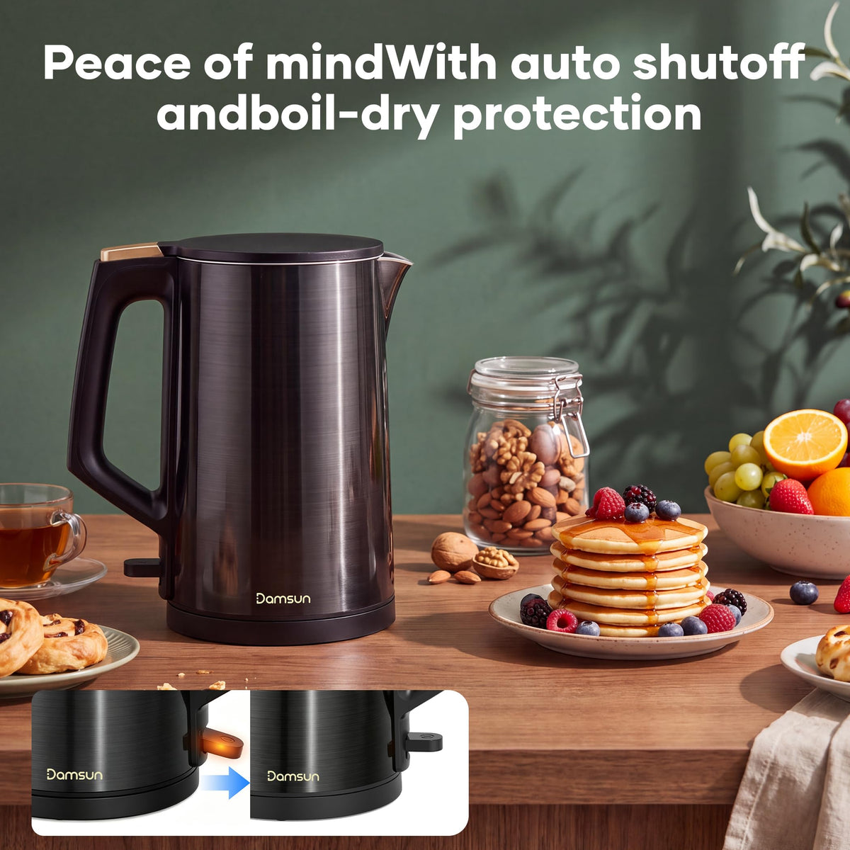 Damsun 1.7L Stainless Steel Electric Kettle, 1500W Rapid Boil, Black