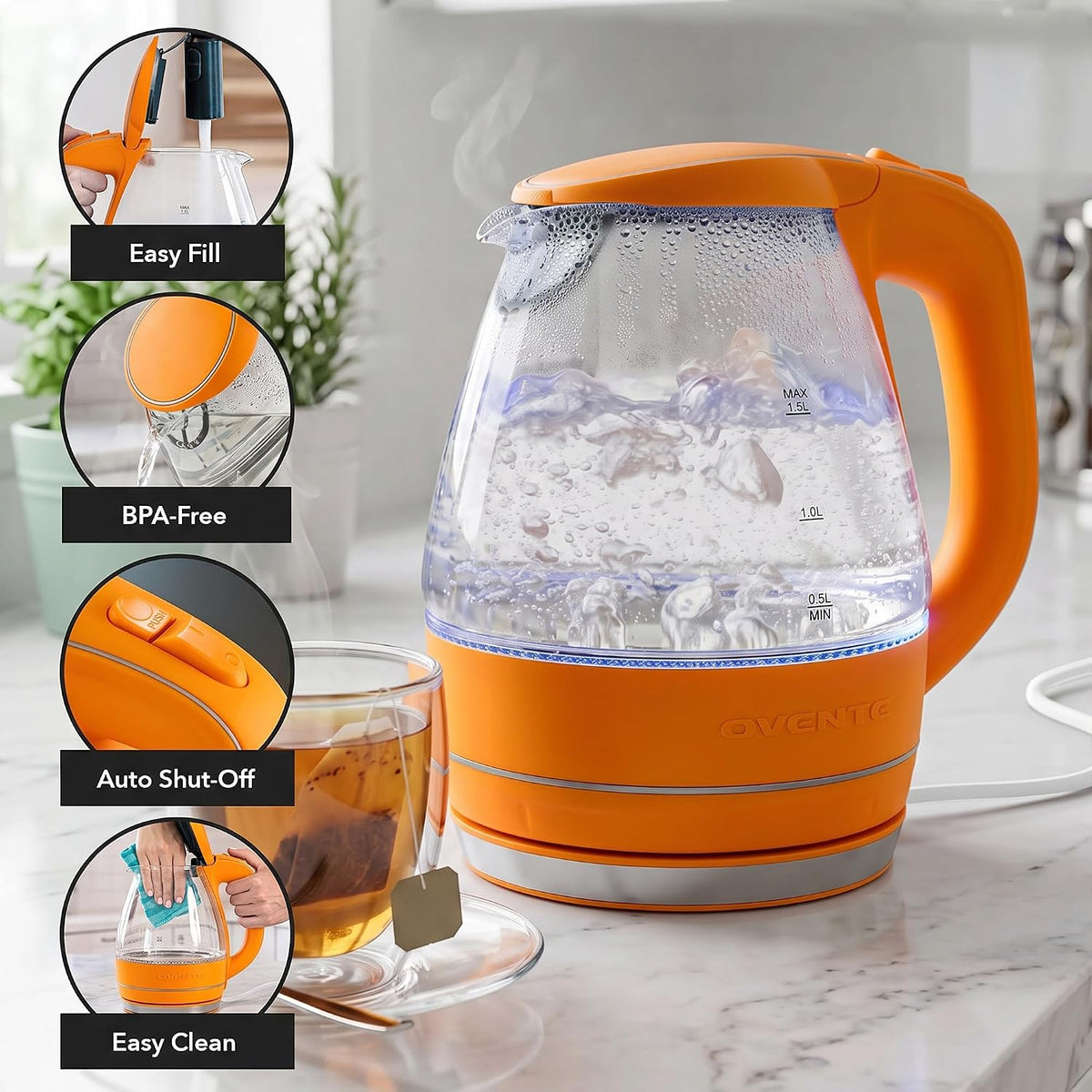 OVENTE 1.5L Glass Electric Kettle Water Boiler, Black KG83B