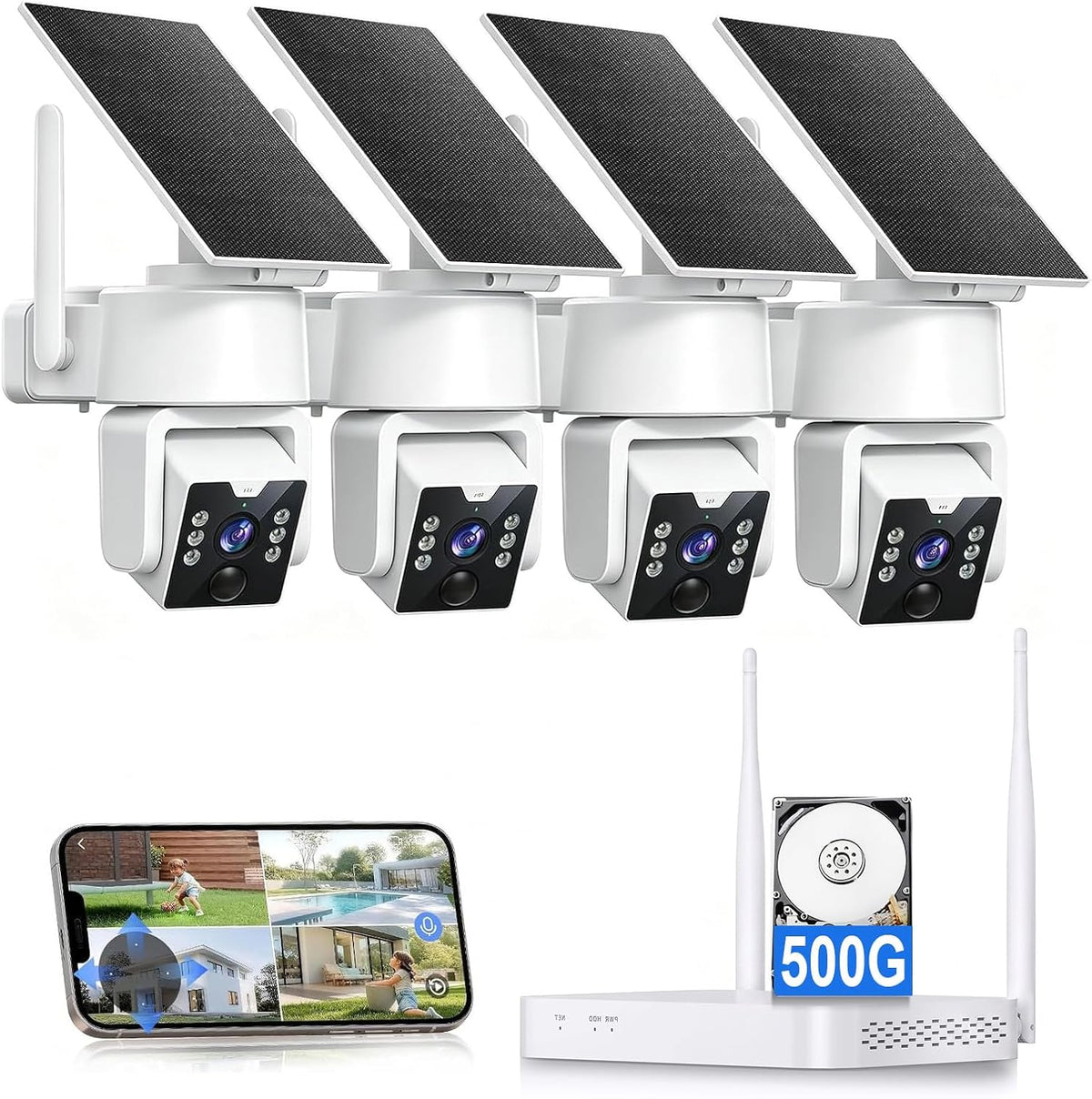 No Monthly Fee Solar Security Cameras Wireless Outdoor, home security systems,500GB HDD nvr security camera system No Subscription, 2.4G & 5G WiFi,2-Way Audio, 4MP, Color Night Vision, 360° View