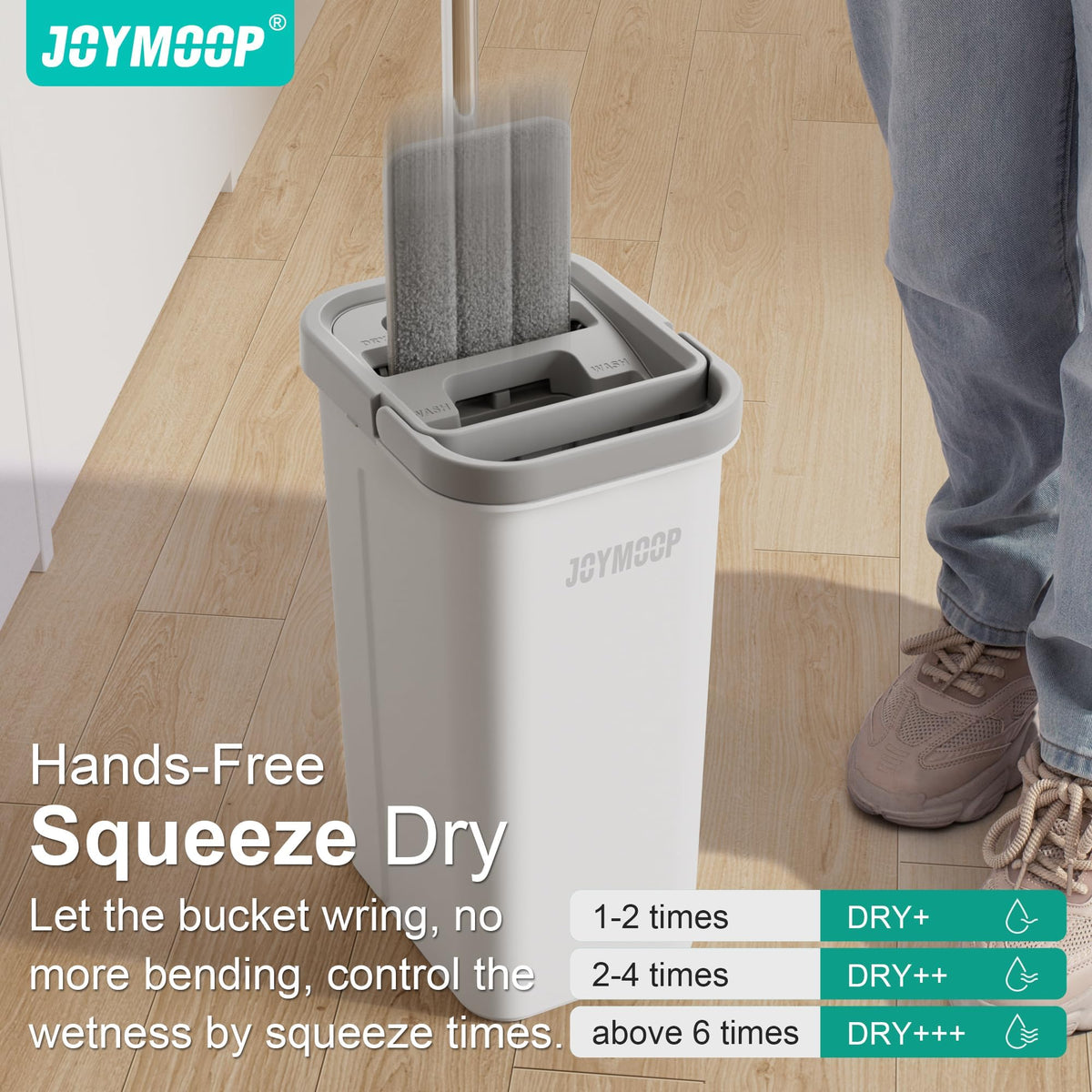 JOYMOOP Flat Mop System, Microfiber Mop and Bucket Set, White, Commercial & Household Use, Hardwood Floor & Wall Cleaning Mop with Long Handle, 4 Microfiber Pads