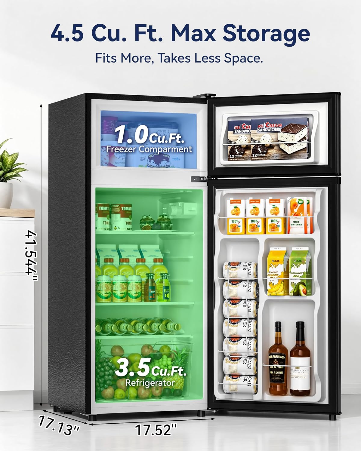 4.5cf Mini Fridge for Dorm/Office Quiet 2-Door Adjustable