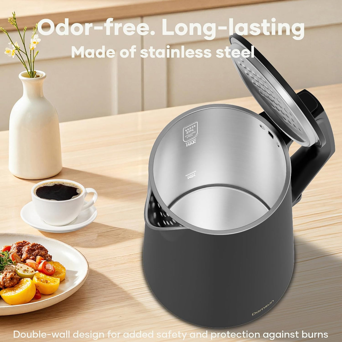 Damsun 1.7L Stainless Steel Electric Kettle, 1500W Rapid Boil, Black