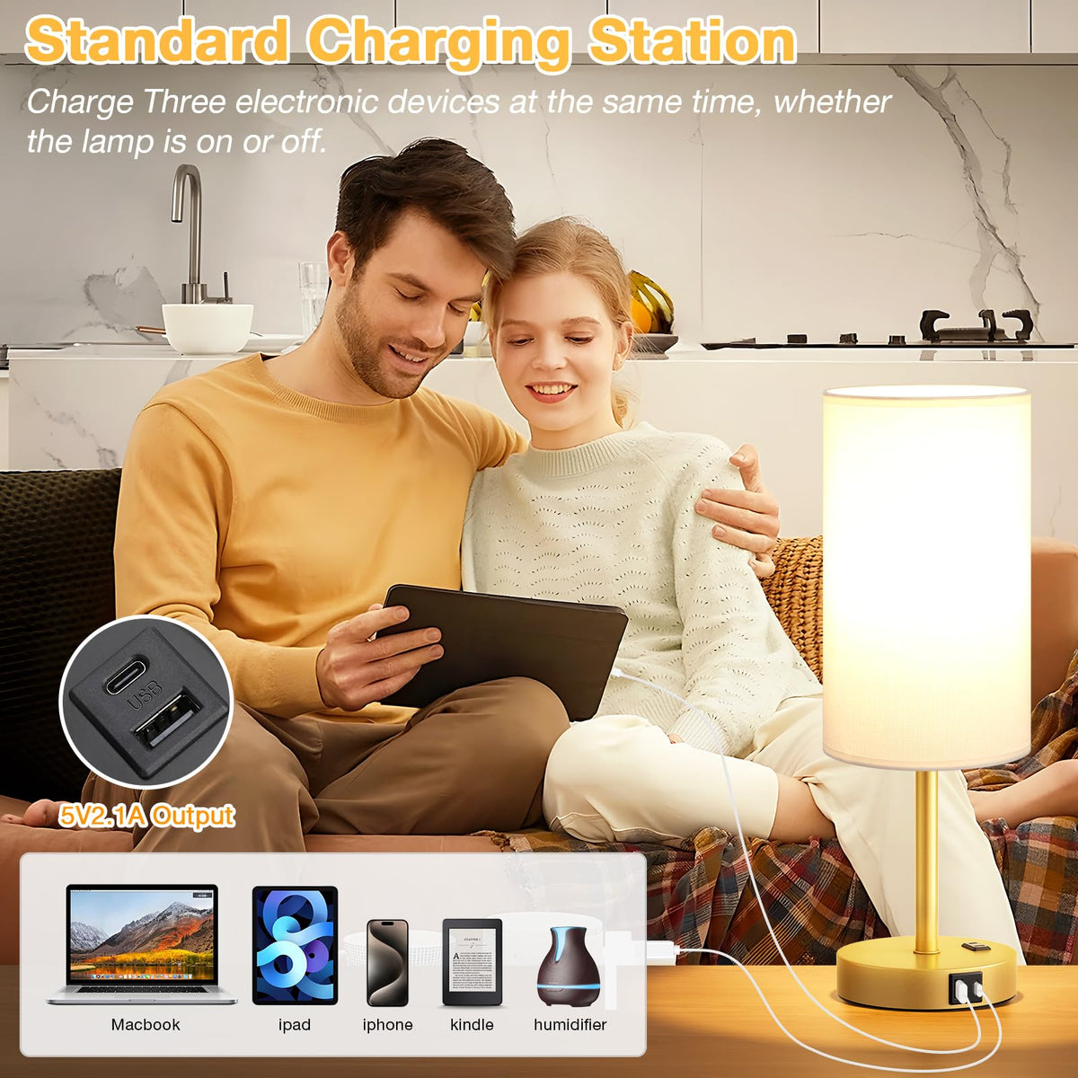 Dicoool Bedside Table Lamp for Bedroom - 3-Way Dimmable Touch Lamp, USB A+C